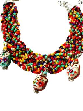 Adjustable Beaded Seed Bead Bracelet with Hand Painted Flower Owl Charms
